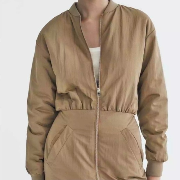 ZARA Bomber Jacket Dress Tan Zip Up Front Bomber Size XS - Picture 6 of 12